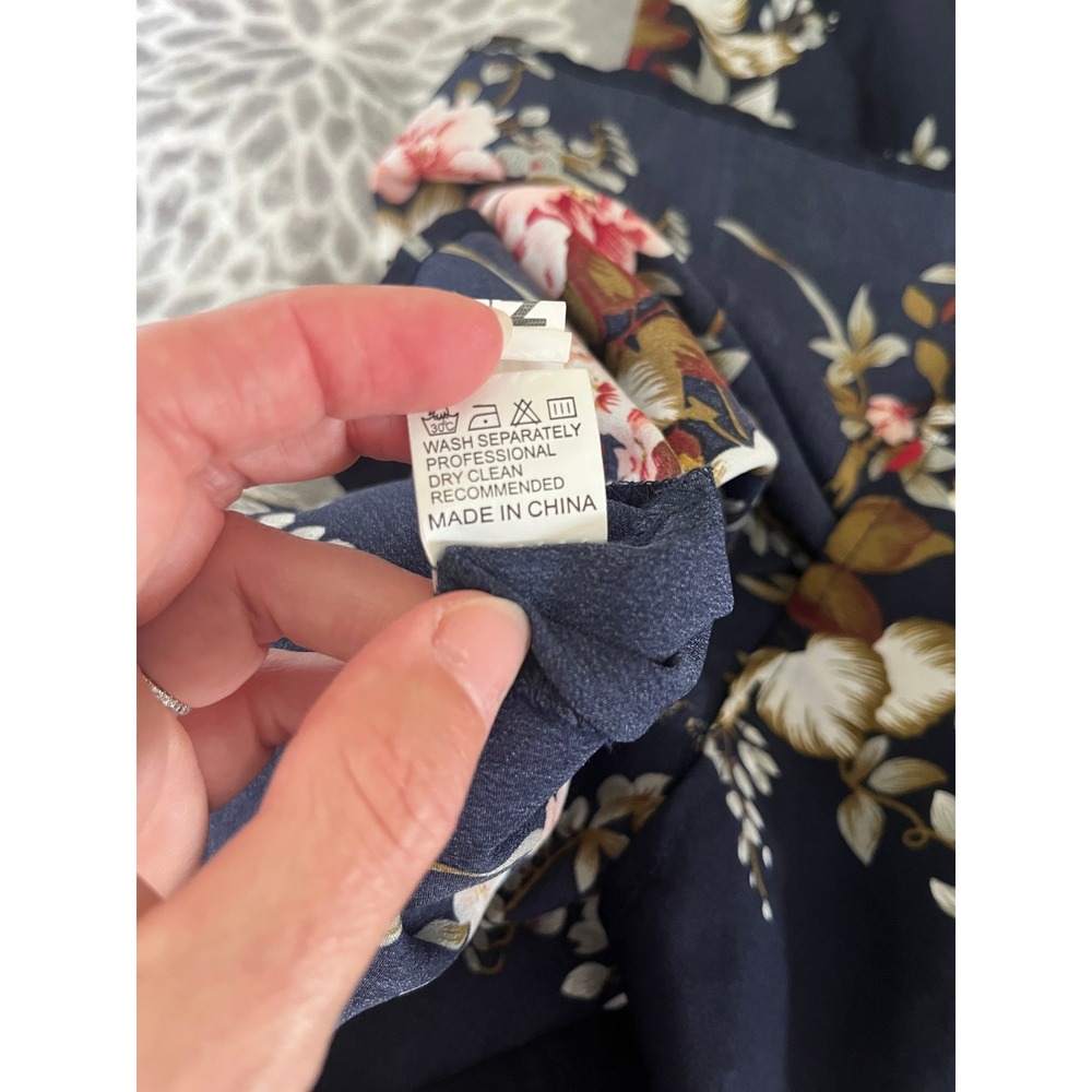 Navy Blue Floral Off the Shoulder Mini Dress Small Tie Sleeve Boho Chic Summer - Picture 7 of 7